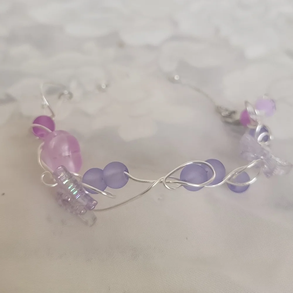 Silver Plated Holographic Butterfly Frosted Glass Wire Ball Chain Bracelet - Picture 11 of 14